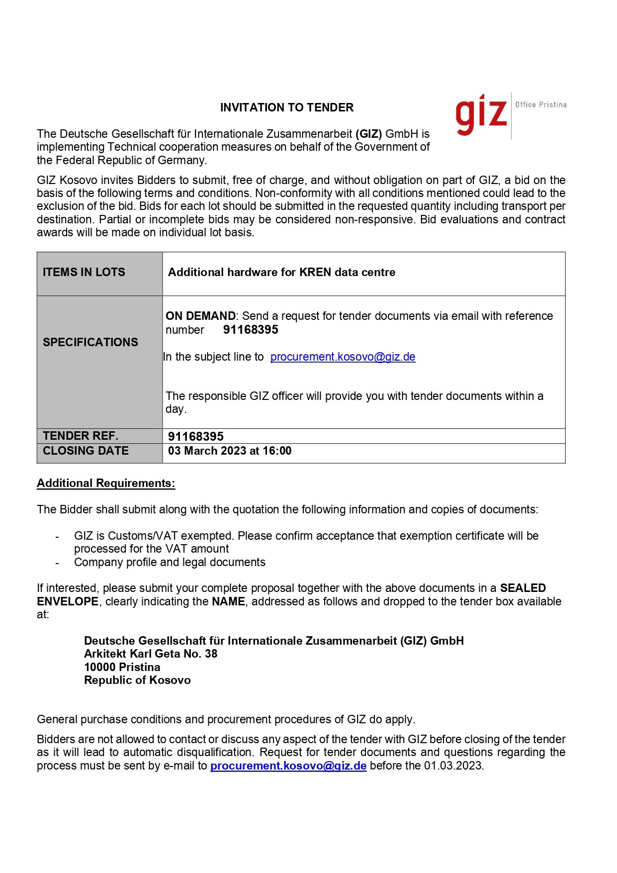 Invitation to tender – Additional hardware for KREN data centre – 91168395